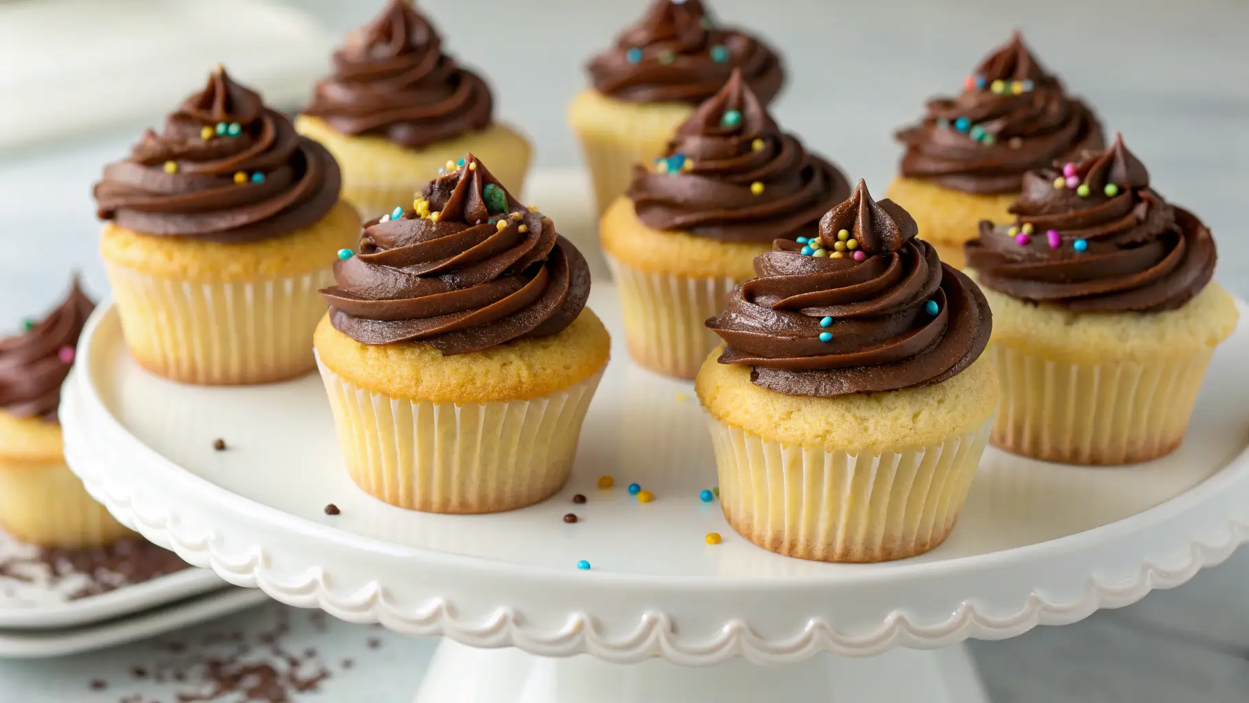 Vanilla cupcakes with chocolate frosting topped with colorful sprinkles, arranged on a white cake stand.