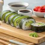 Fresh avocado and cucumber sushi roll neatly arranged on a wooden serving board with wasabi, soy sauce, and pickled ginger in the background.