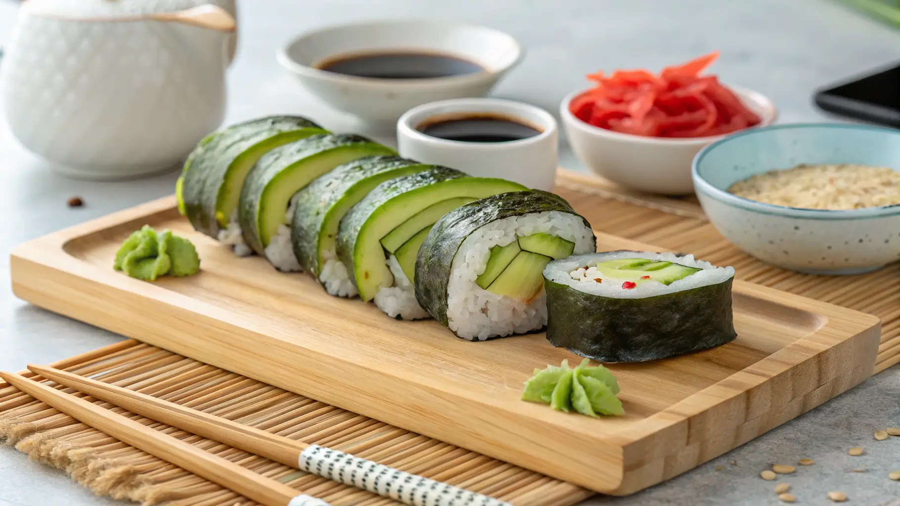 Fresh avocado and cucumber sushi roll neatly arranged on a wooden serving board with wasabi, soy sauce, and pickled ginger in the background.