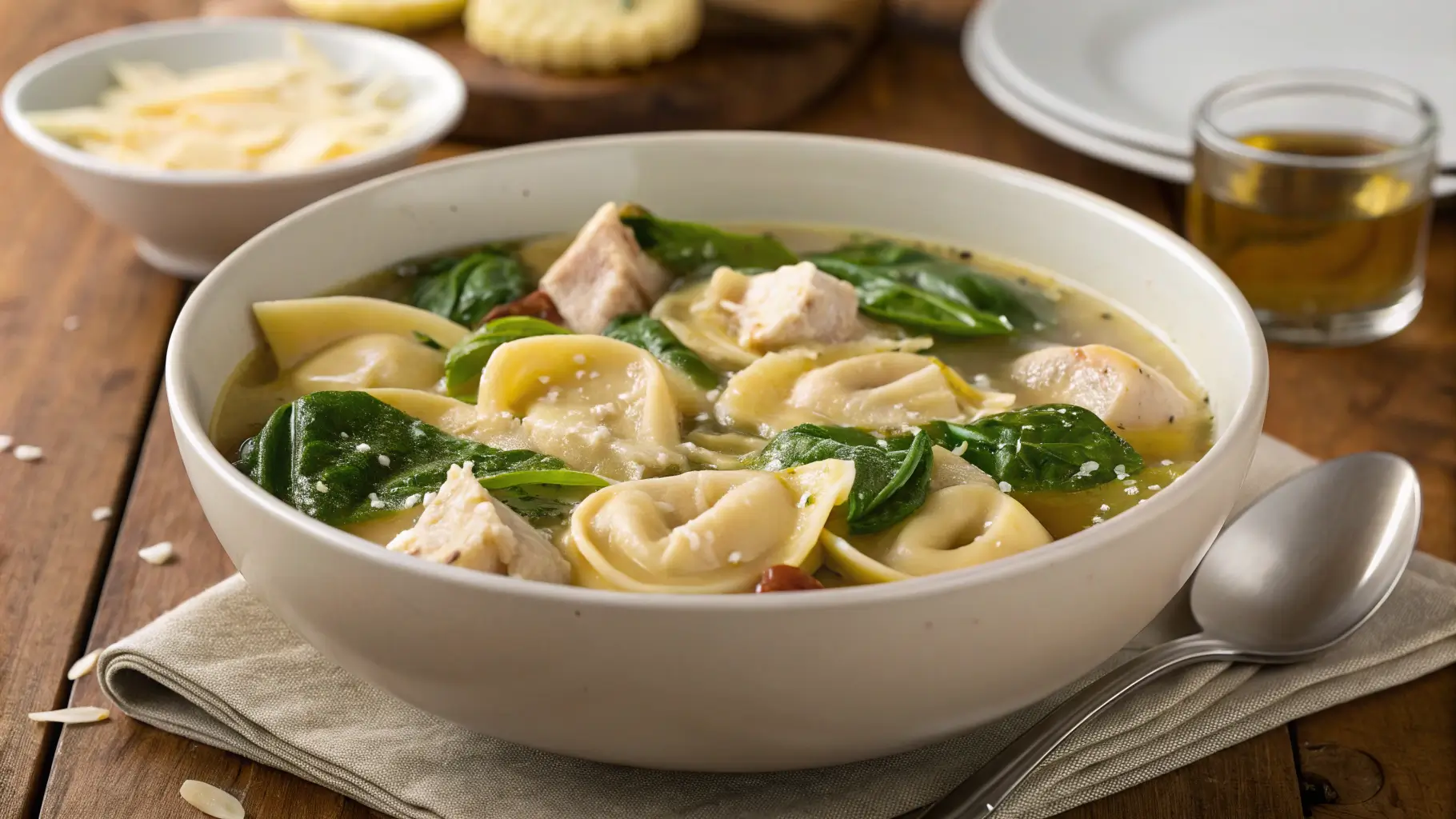 A bowl of chicken and spinach tortellini soup with tender chicken, fresh spinach, and cheese-filled tortellini in a rich broth.