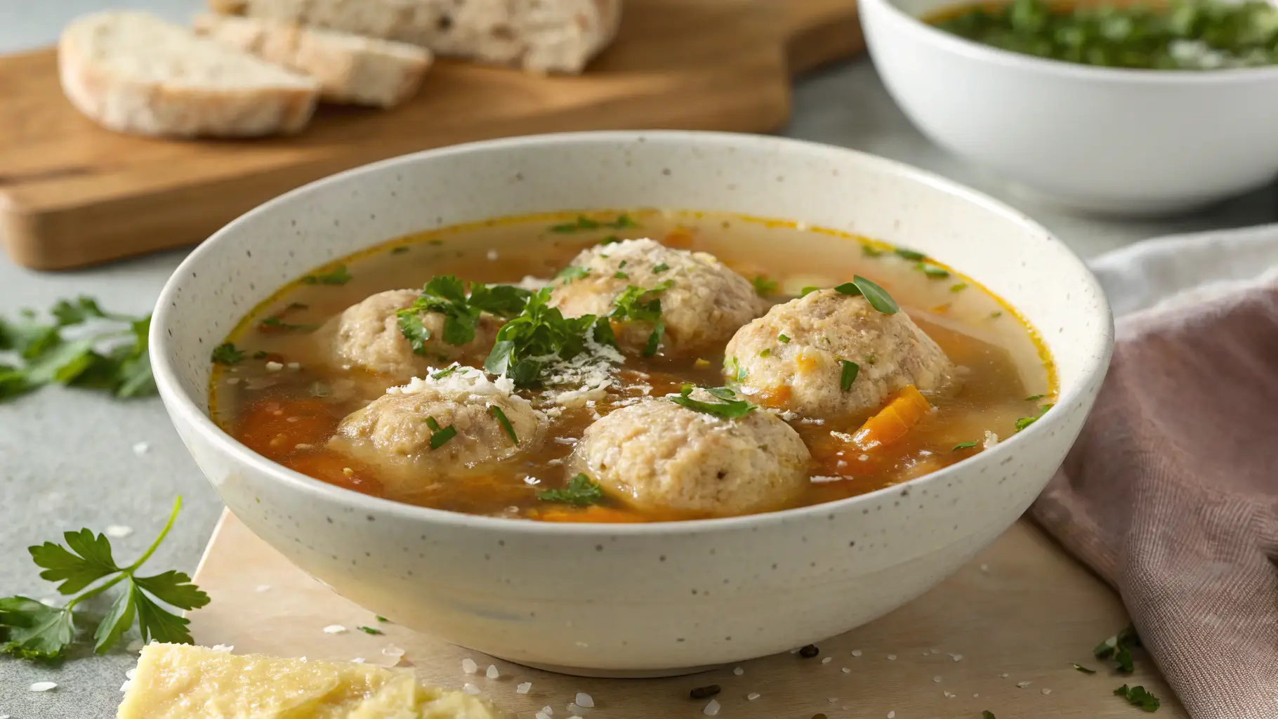 A warm bowl of chicken meatball soup garnished with fresh parsley and Parmesan, served with crusty bread on a wooden board.