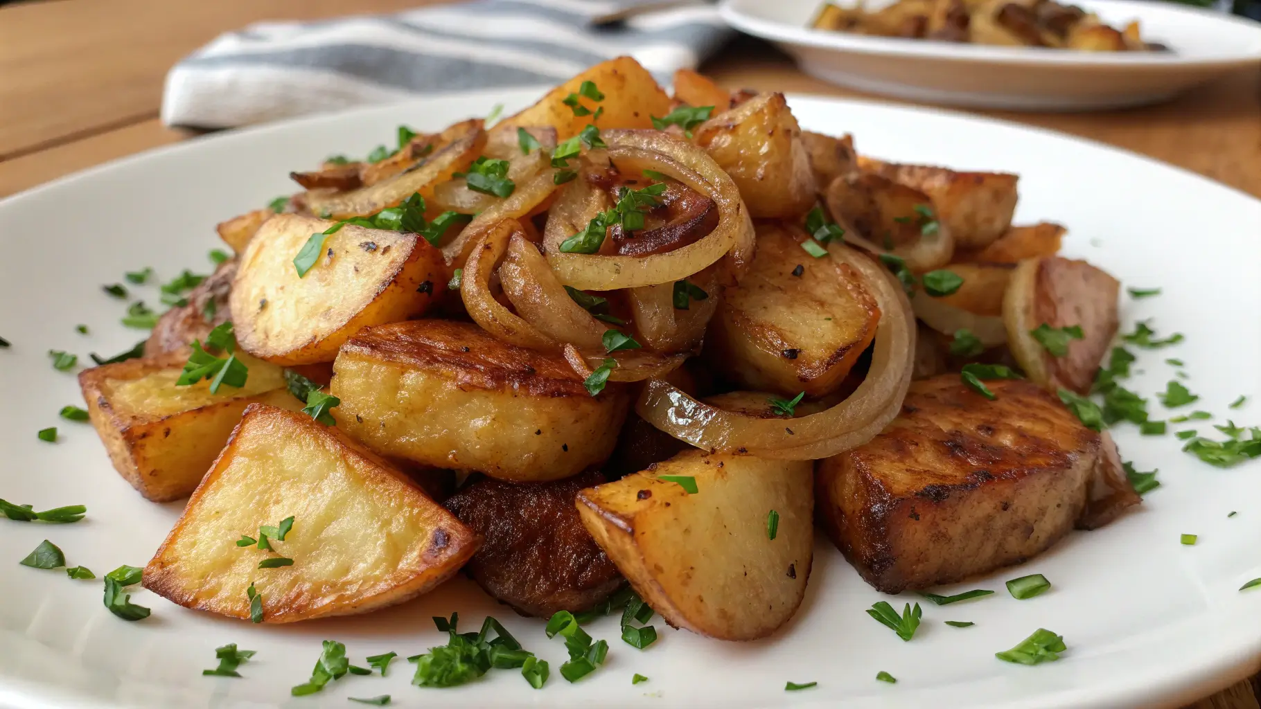 Crispy fried potatoes and caramelized onions garnished with fresh parsley on a white plate.