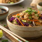 A rustic ceramic bowl filled with egg roll in a bowl with coleslaw mix, topped with sesame seeds, green onions, and served with chopsticks on a wooden board.