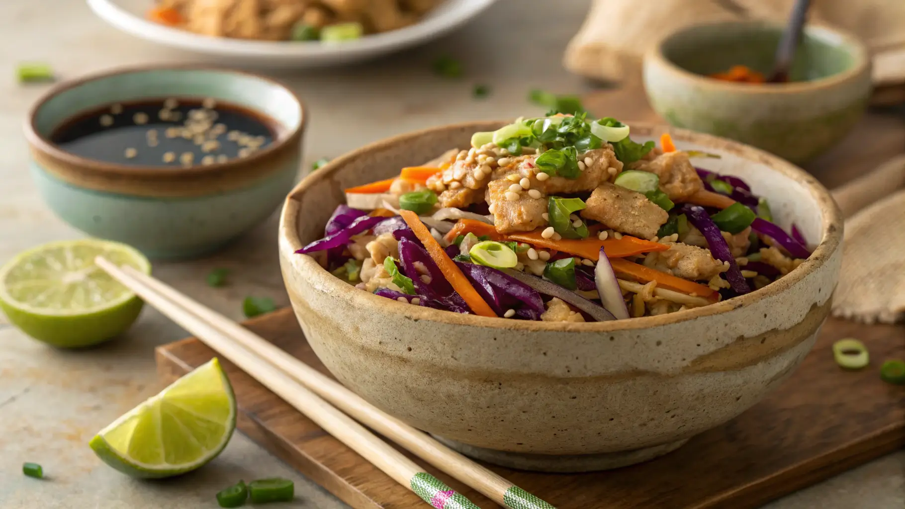 A rustic ceramic bowl filled with egg roll in a bowl with coleslaw mix, topped with sesame seeds, green onions, and served with chopsticks on a wooden board.