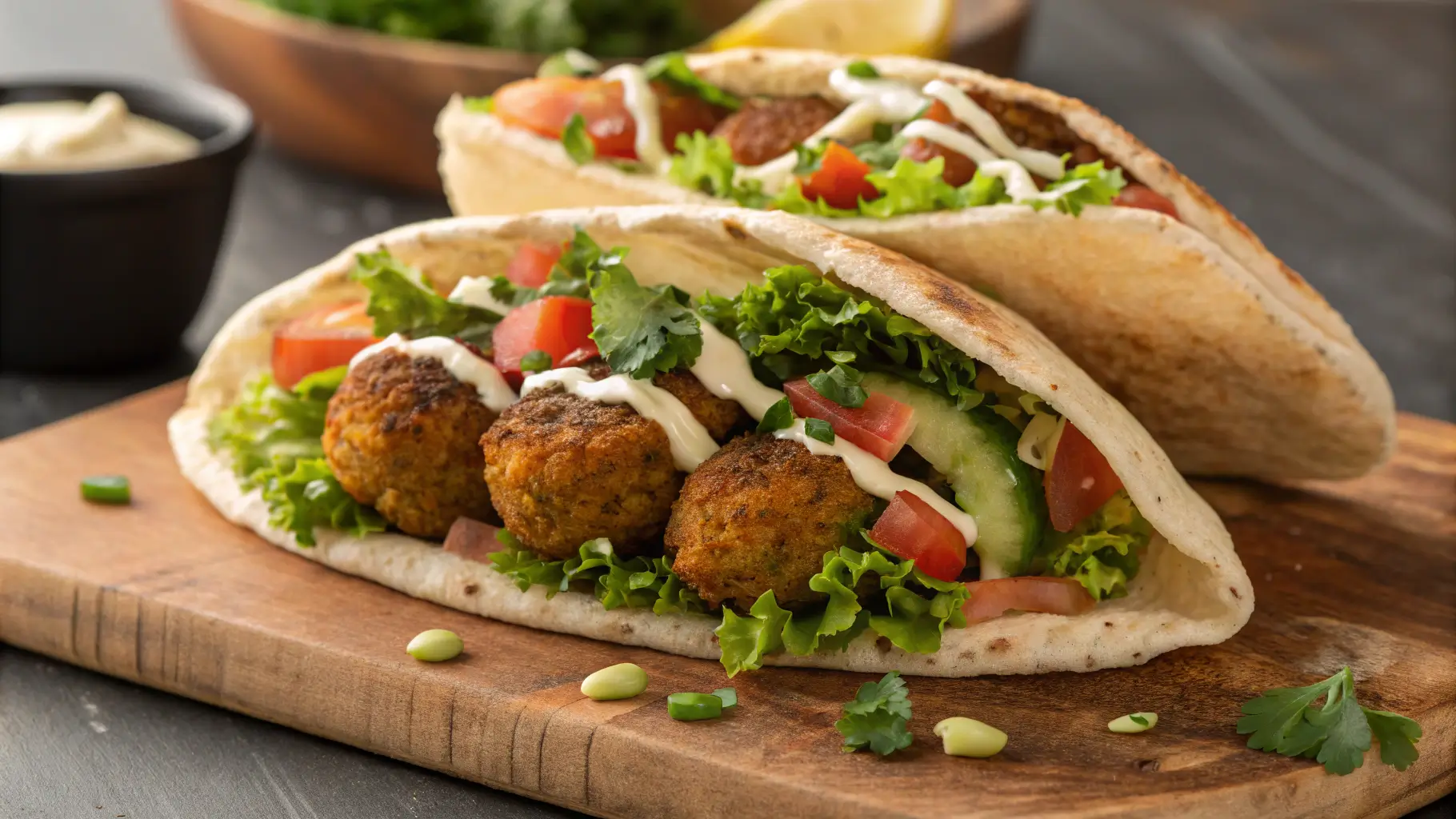 Freshly made falafel pita stuffed with crispy falafel balls, lettuce, tomatoes, cucumbers, and drizzled with creamy tahini sauce, served on a wooden board.