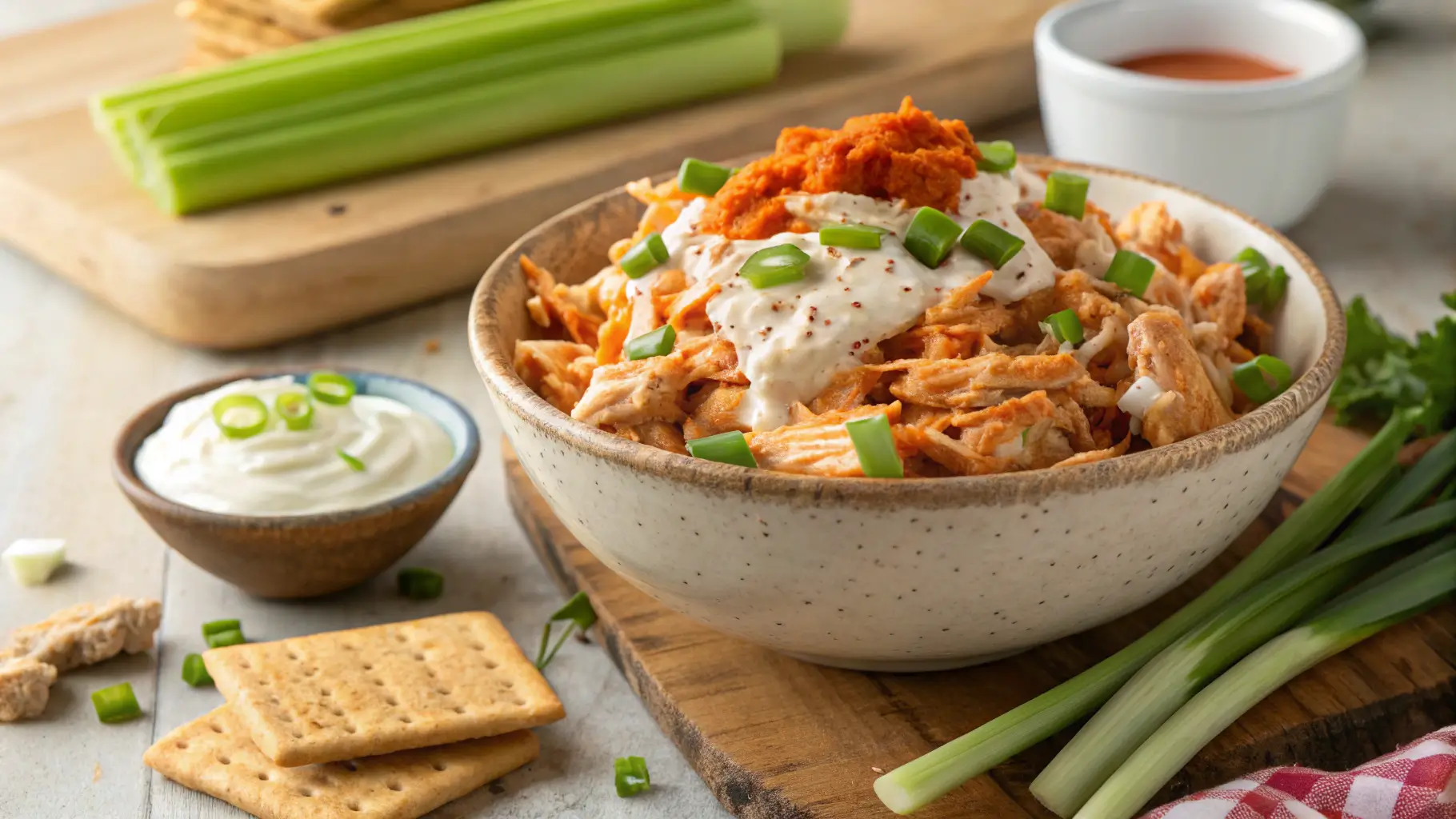 A bowl of Greek yogurt buffalo chicken salad garnished with green onions and drizzled with creamy yogurt dressing, served with crackers and celery.