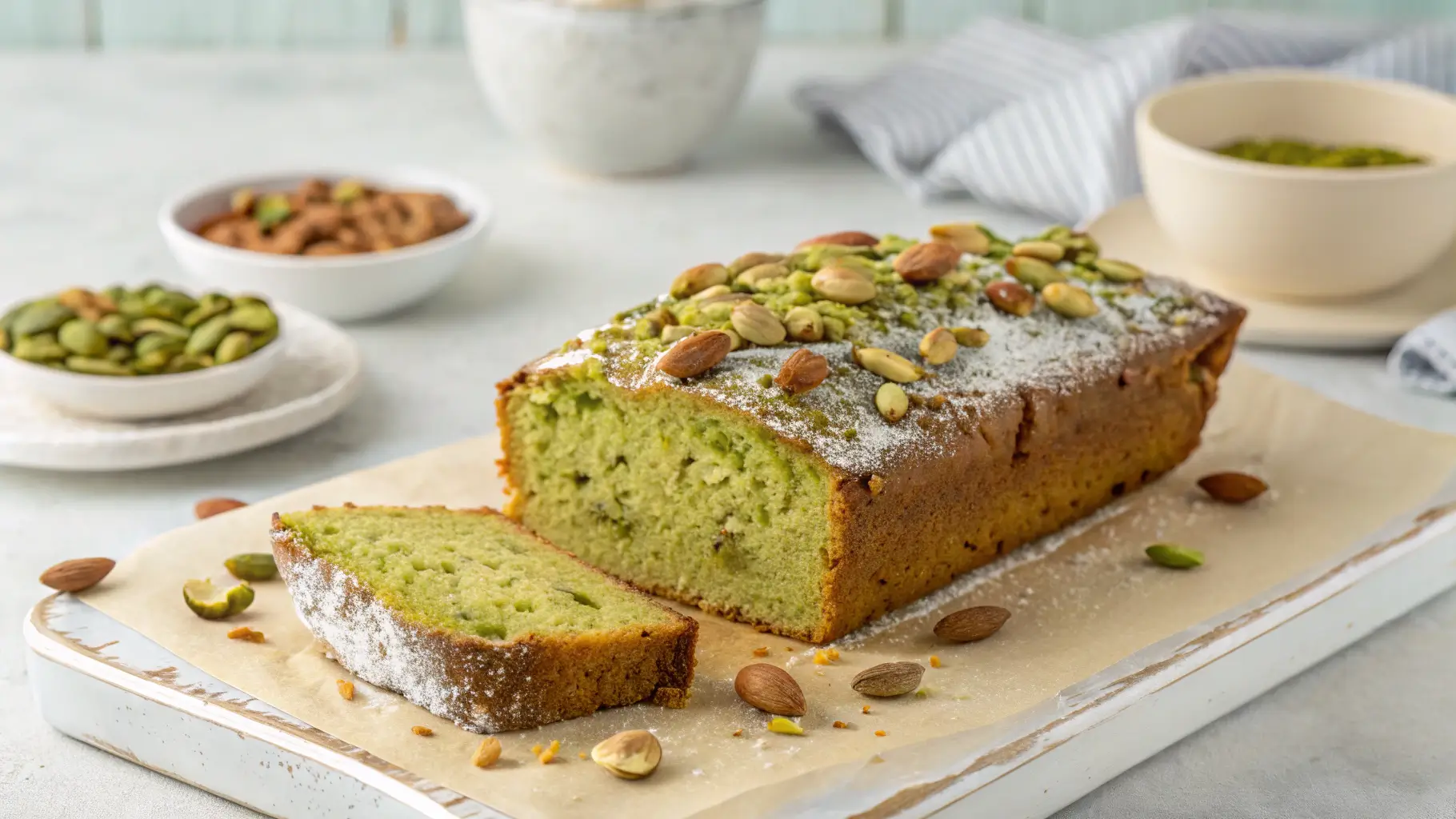 A freshly baked pistachio banana bread loaf with a golden-brown crust, topped with chopped pistachios and almonds, and lightly dusted with powdered sugar. A slice is cut, revealing its moist, green-tinted interior. The background features bowls of nuts and a cozy kitchen setting.