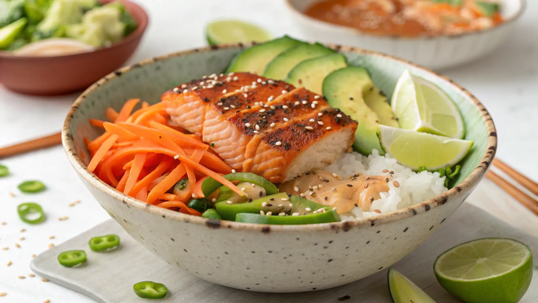 A spicy salmon bowl with seared salmon, avocado, shredded carrots, rice, and spicy mayo, garnished with sesame seeds and lime wedges.