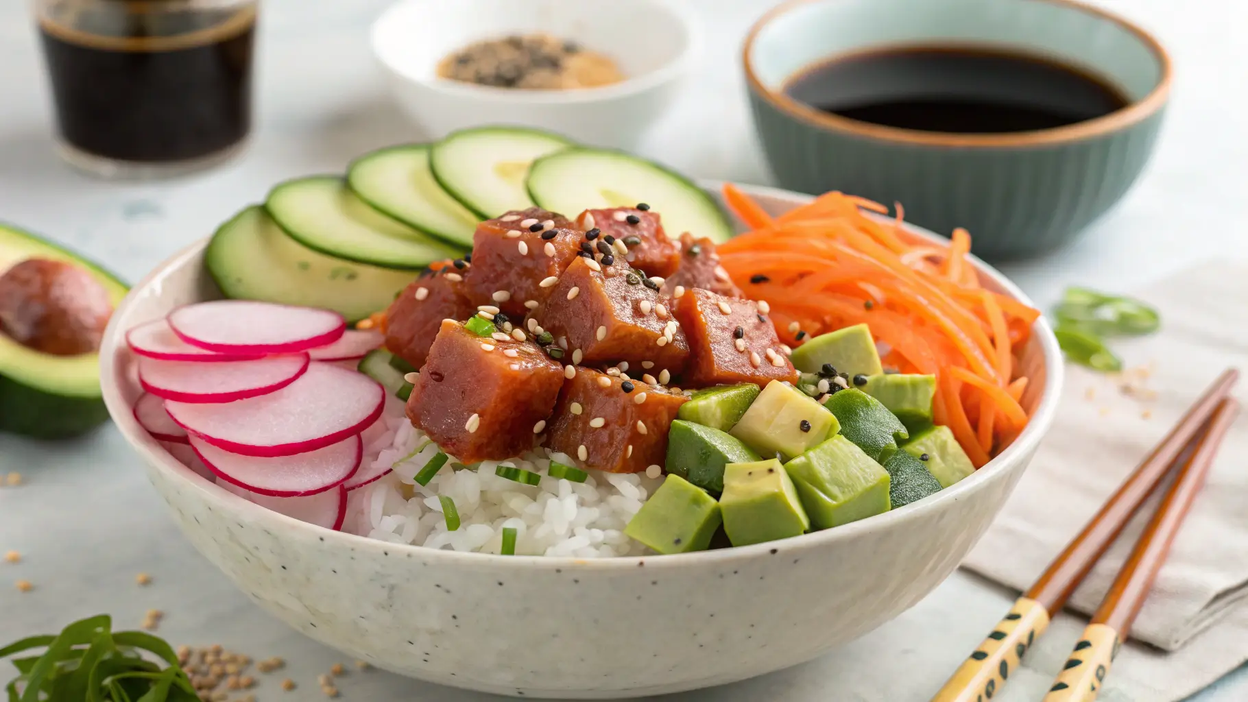 A fresh and vibrant spicy tuna poke bowl with sushi-grade tuna, avocado, radish, cucumber, and shredded carrots over a bed of sushi rice, garnished with sesame seeds.