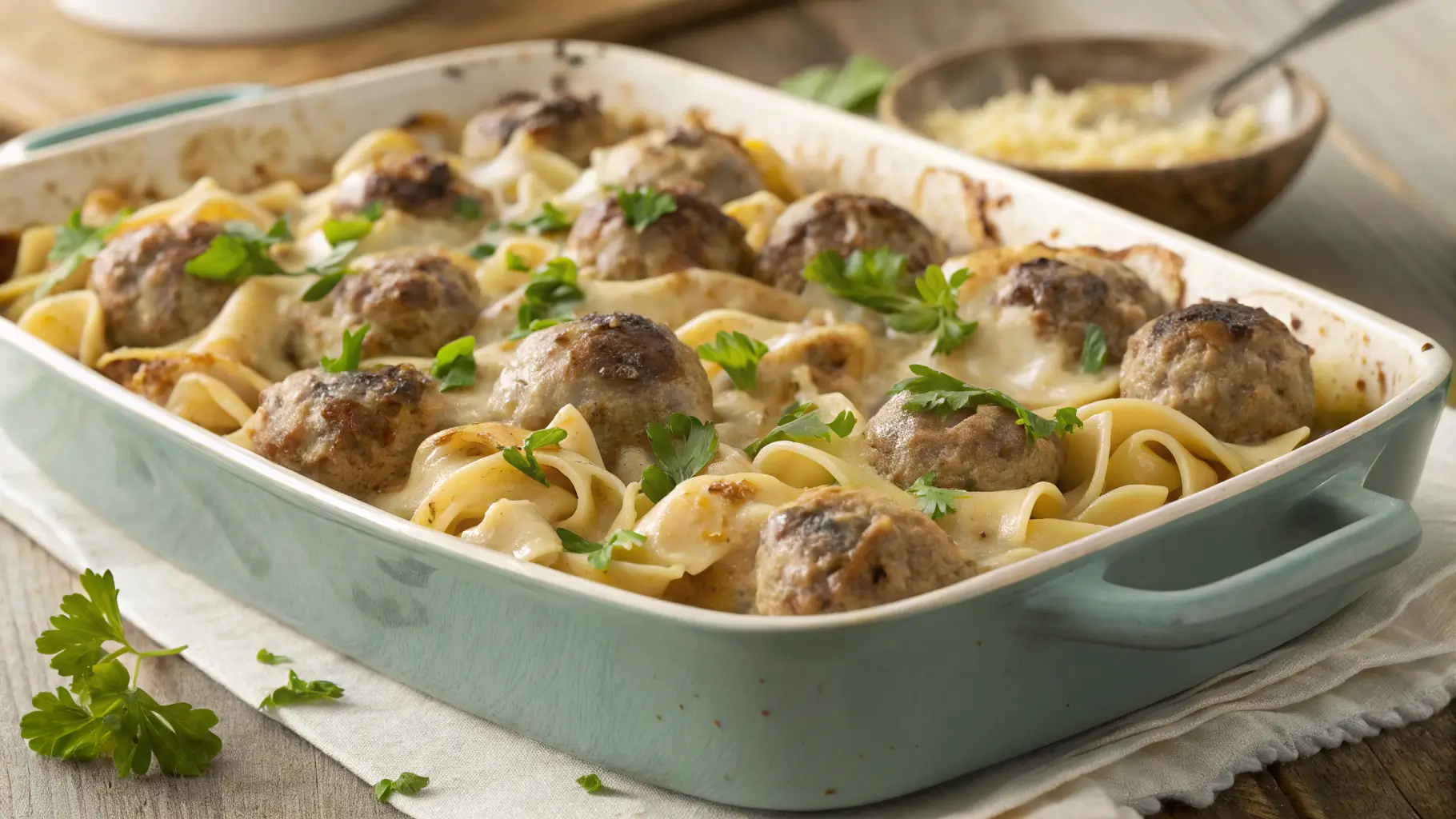 Swedish Meatball Noodle Bake in a casserole dish, topped with fresh parsley and creamy sauce.