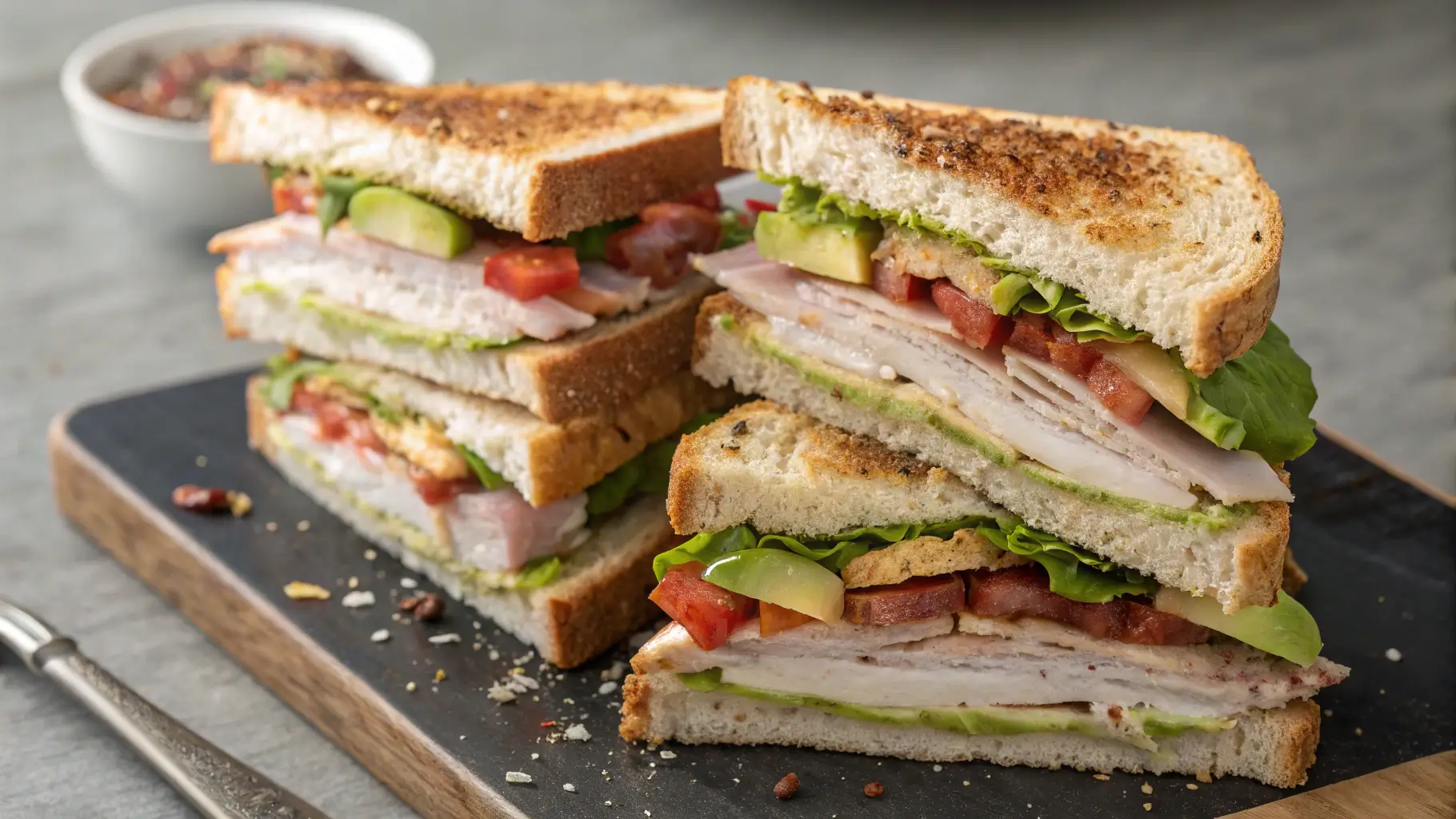 A freshly made turkey avocado club sandwich, sliced into triangles and stacked on a wooden serving board. The sandwich features layers of turkey, avocado, crispy bacon, lettuce, and tomato between toasted bread.