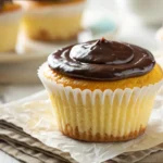 Close-up of a Boston Cream Cupcake with rich chocolate ganache topping on a rustic napkin, with more cupcakes in the background