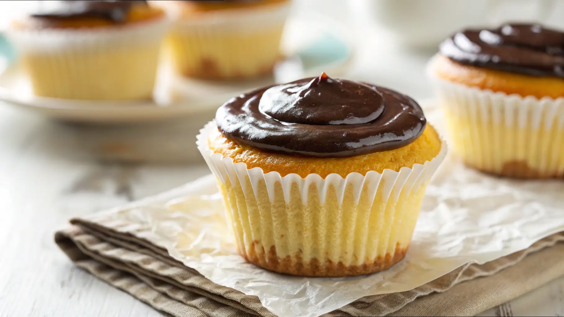 Close-up of a Boston Cream Cupcake with rich chocolate ganache topping on a rustic napkin, with more cupcakes in the background