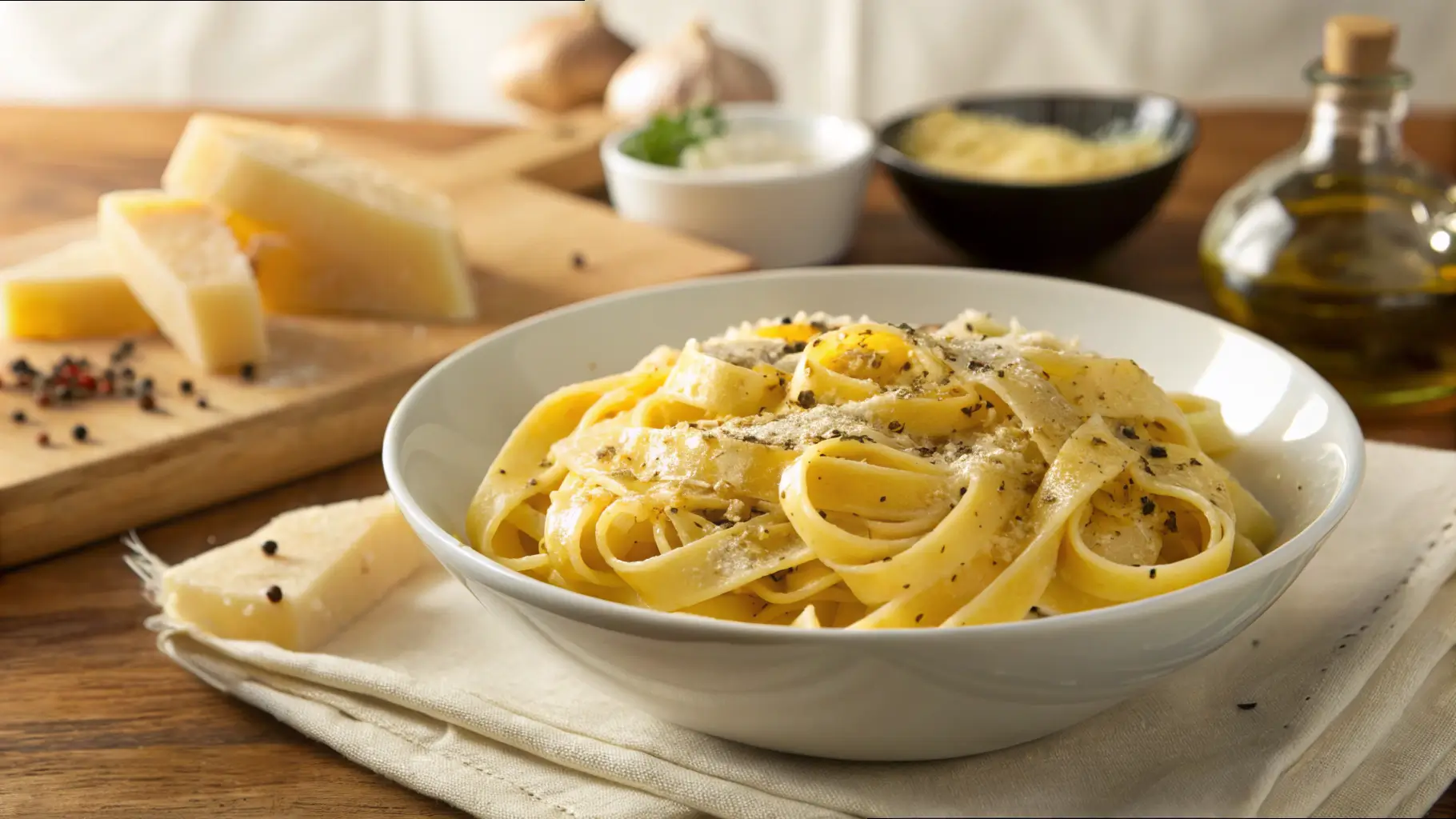 A bowl of creamy pasta garnished with black pepper and parmesan cheese, served on a wooden table with cheese, olive oil, and seasonings in the background.