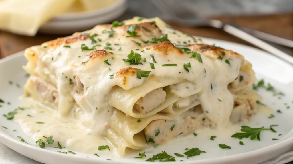 A close-up of a creamy Chicken Alfredo Lasagna slice topped with fresh parsley, served on a white plate with rich Alfredo sauce.