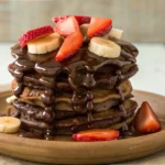 A stack of fluffy choco pancakes drizzled with melted chocolate sauce, topped with fresh strawberry and banana slices, served on a wooden plate