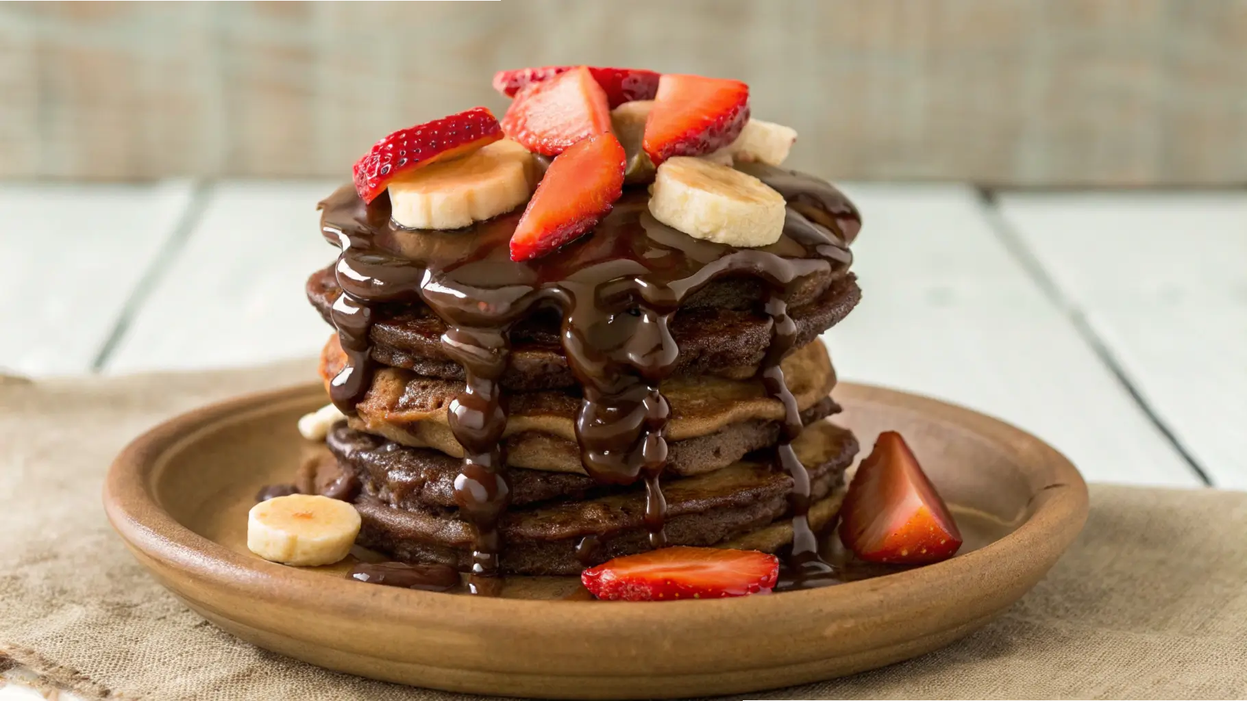 A stack of fluffy choco pancakes drizzled with melted chocolate sauce, topped with fresh strawberry and banana slices, served on a wooden plate