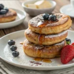 A stack of golden-brown cinnamon French toast bagels drizzled with maple syrup, topped with blueberries, and dusted with powdered sugar, served with fresh strawberries on a white plate