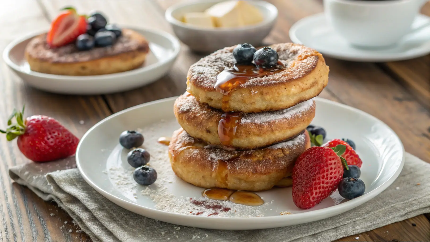 A stack of golden-brown cinnamon French toast bagels drizzled with maple syrup, topped with blueberries, and dusted with powdered sugar, served with fresh strawberries on a white plate