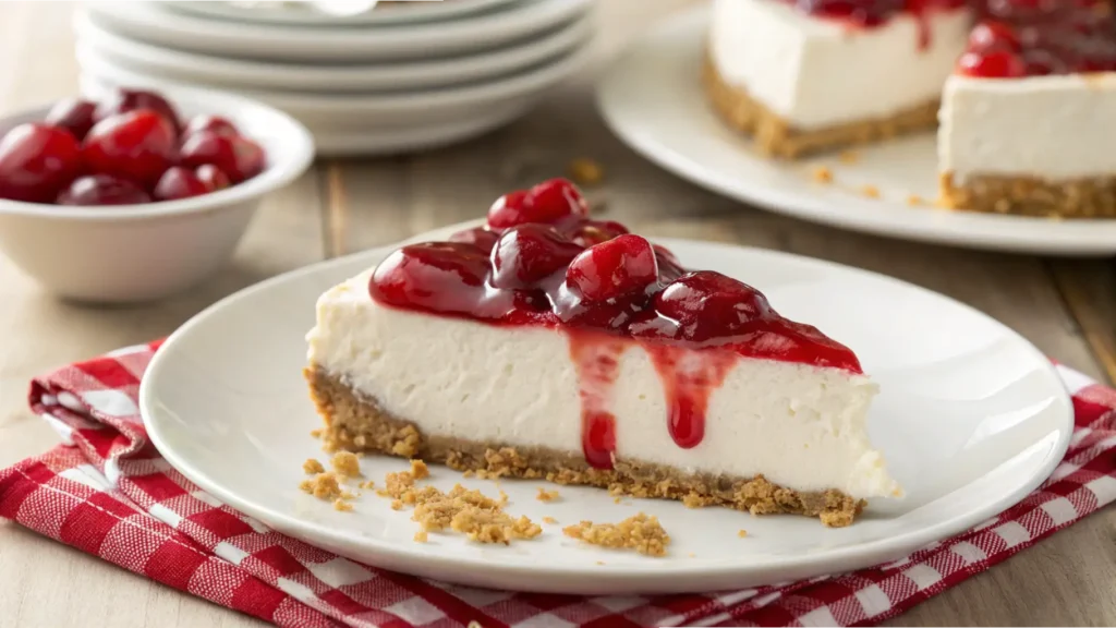 A slice of no-bake cherry cheesecake with a graham cracker crust, creamy filling, and glossy cherry topping on a white plate.