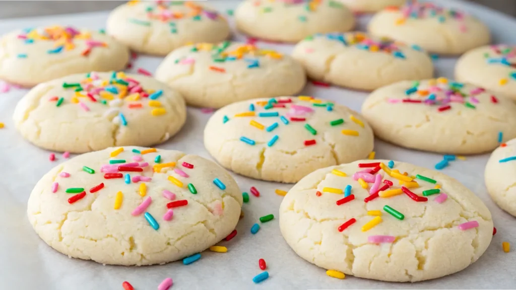 Soft and chewy Funfetti Cookies topped with colorful rainbow sprinkles on parchment paper.