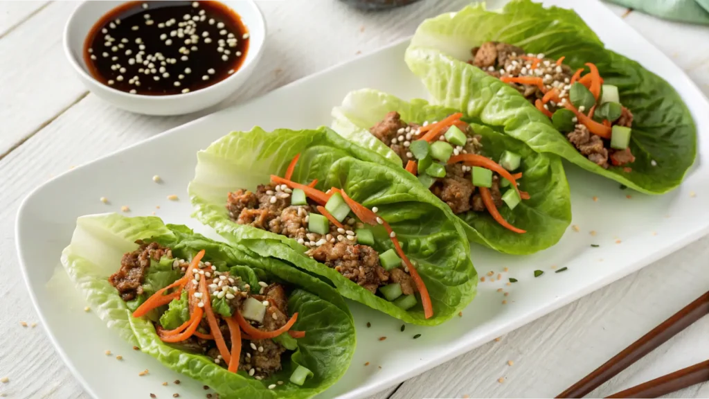 Ground pork lettuce wraps topped with shredded carrots, diced cucumbers, and sesame seeds, served on a white plate with a side of dipping sauce.