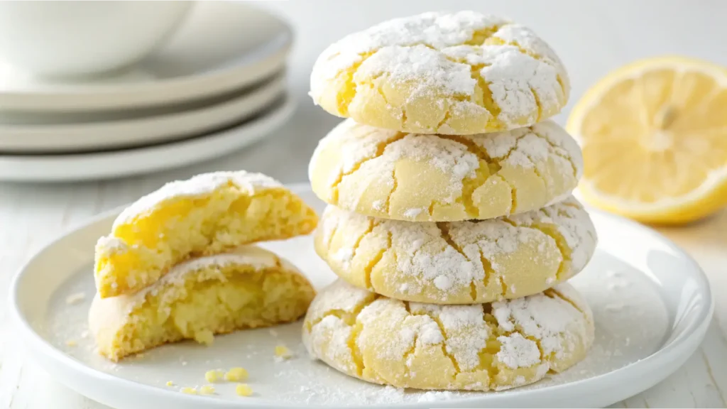 A stack of lemon crinkle cookies dusted with powdered sugar on a white plate, with a halved lemon and plates in the background.