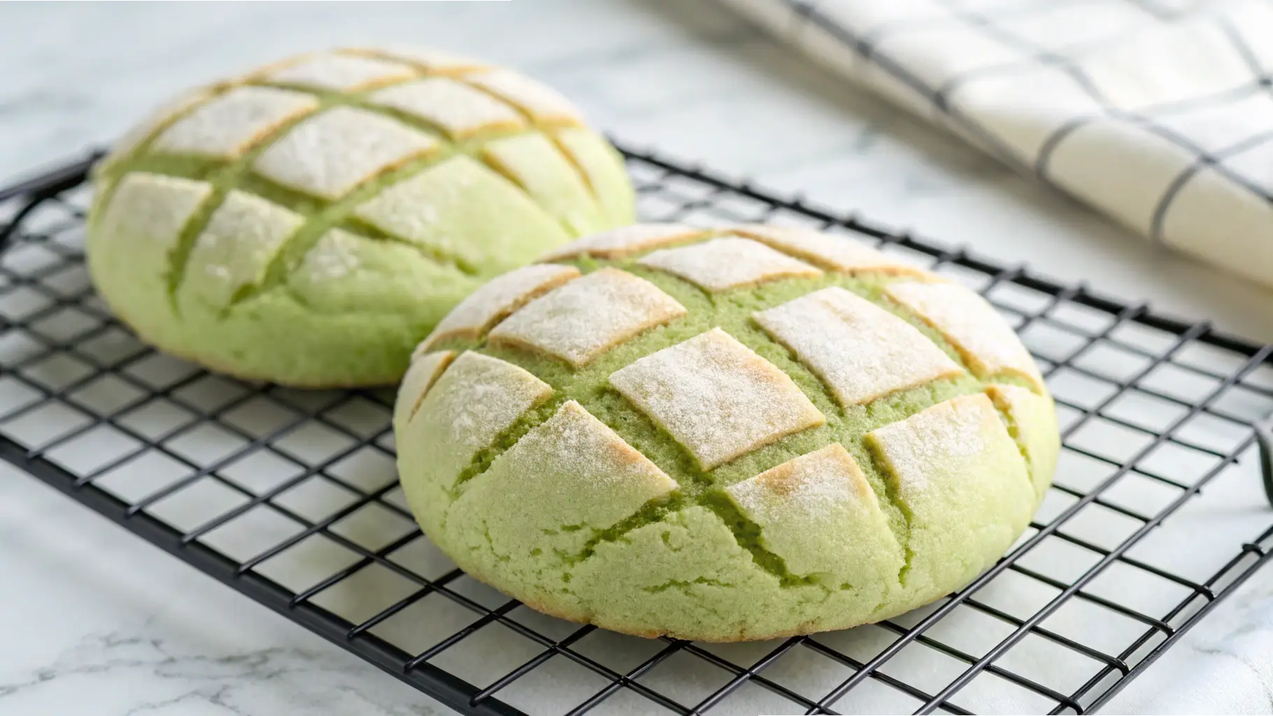 Freshly baked matcha pan with a crispy, crisscross-patterned cookie topping, cooling on a wire rack