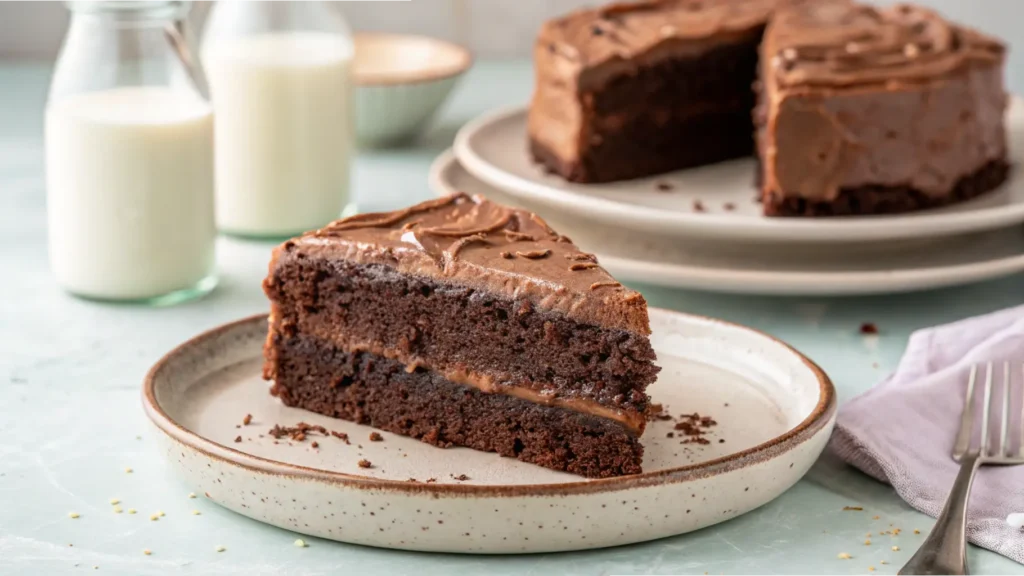 A slice of rich Matilda chocolate cake with fudgy frosting, served on a ceramic plate with glasses of milk in the background