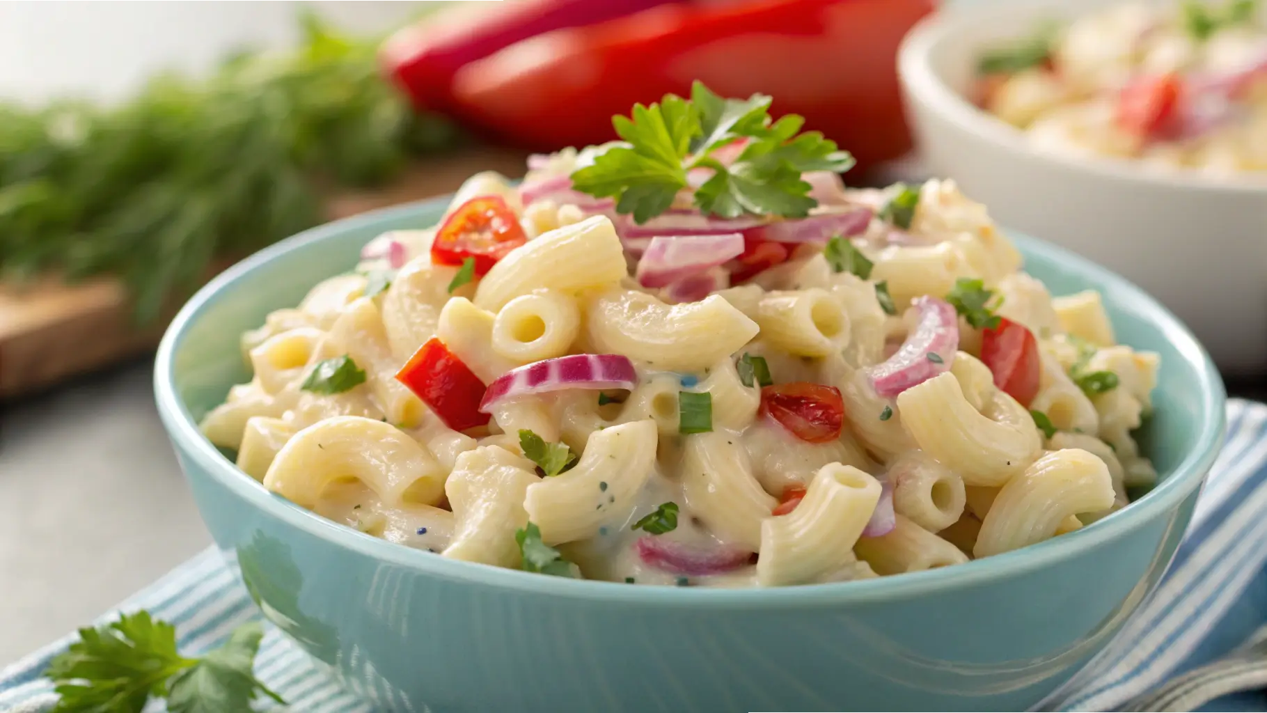 A creamy macaroni salad in a blue bowl, garnished with red onions, cherry tomatoes, and fresh parsley.