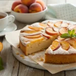 A freshly baked peach cake with sliced peaches on top, dusted with powdered sugar and garnished with mint, served on a rustic wooden table with a cup of tea and a bowl of fresh peaches in the background.