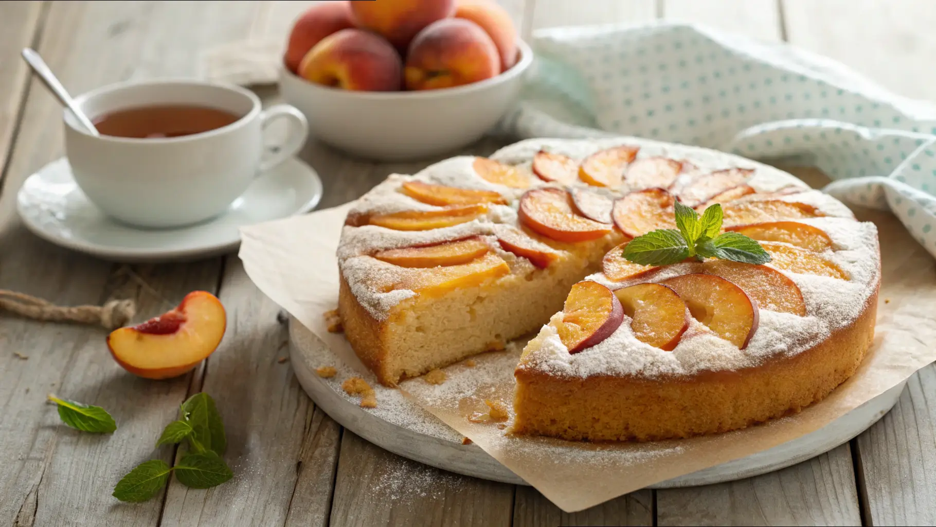 A freshly baked peach cake with sliced peaches on top, dusted with powdered sugar and garnished with mint, served on a rustic wooden table with a cup of tea and a bowl of fresh peaches in the background.