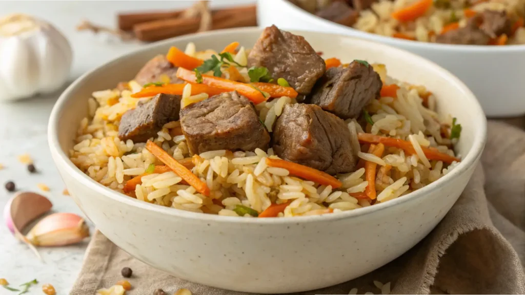 A bowl filled with beef plov, featuring tender chunks of beef, fluffy long-grain rice, and julienned carrots, garnished with fresh herbs.