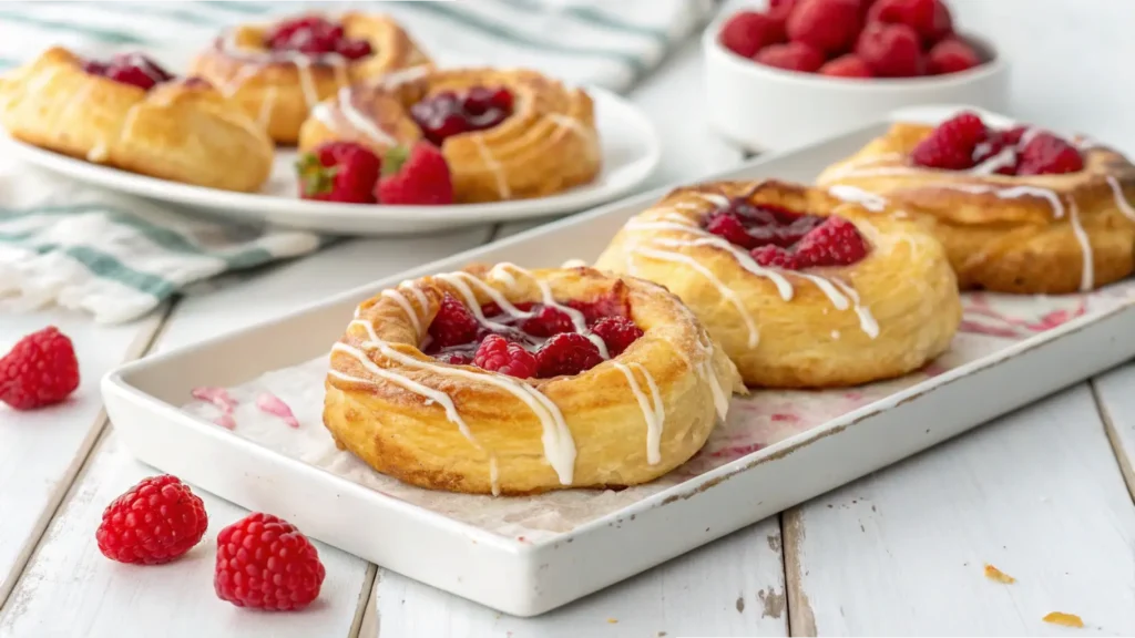 Freshly baked raspberry Danish pastries with icing drizzle, served on a rectangular white tray, garnished with fresh raspberries.