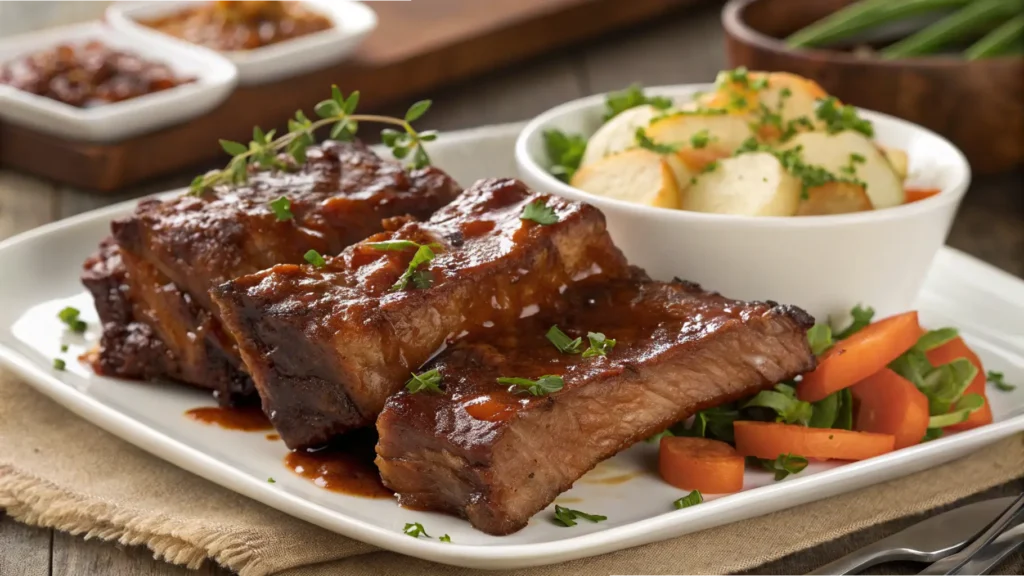 Tender Slow Cooker Country Style Ribs served with roasted potatoes and fresh vegetables on a white plate.