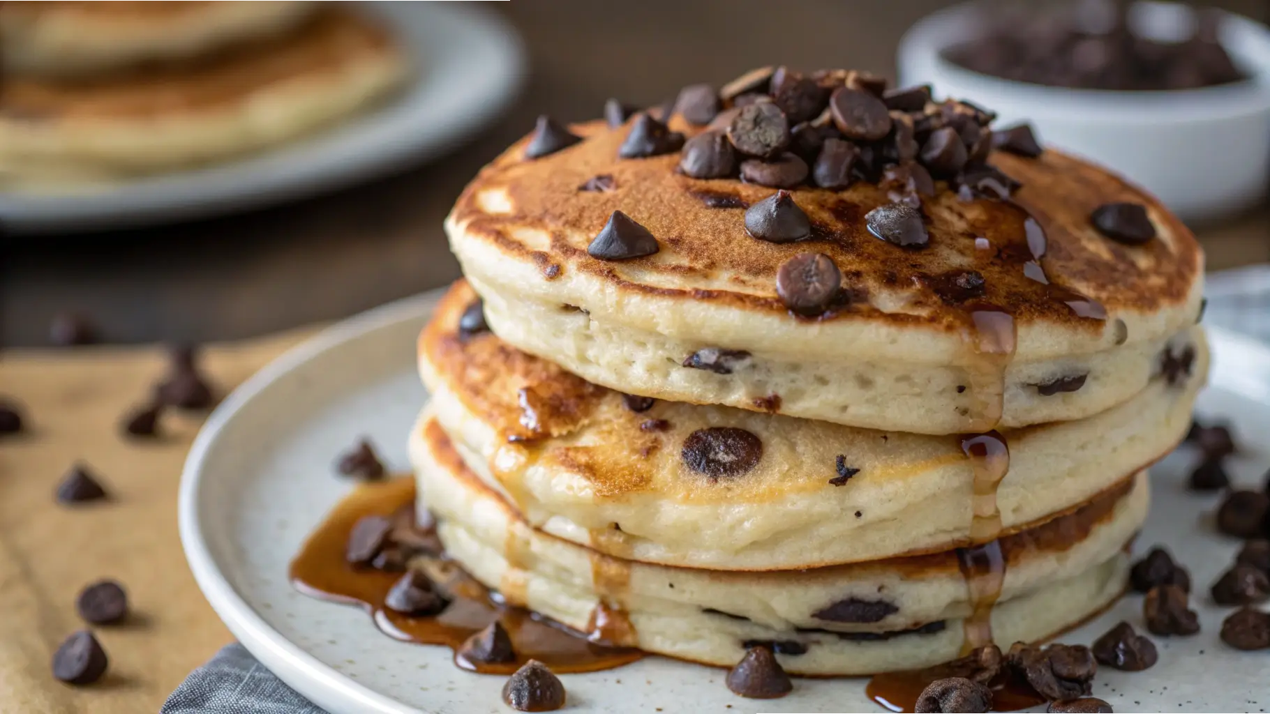 A stack of fluffy chocolate chip pancakes drizzled with maple syrup and topped with melted chocolate chips on a white plate.