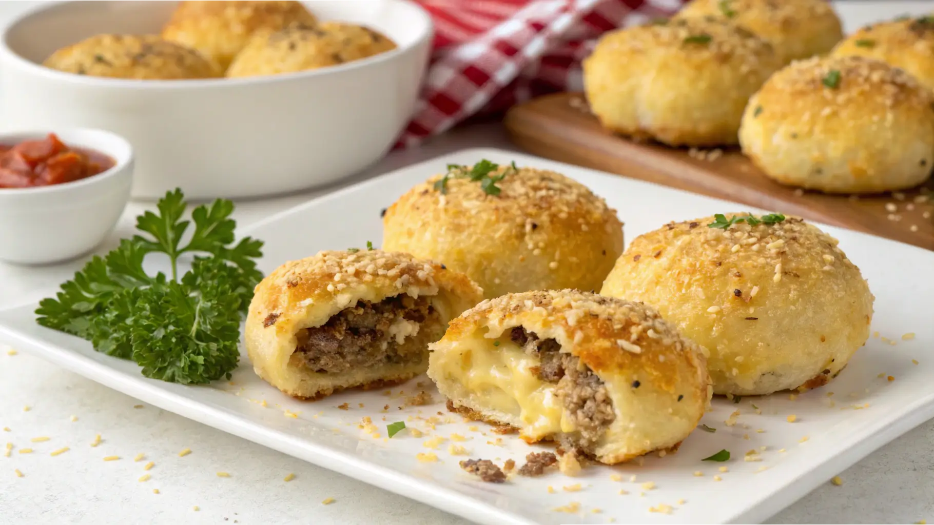 Golden-brown Garlic Parmesan Cheeseburger Bombs with a crispy exterior, stuffed with melted cheese and seasoned ground beef, served on a white plate with fresh parsley and marinara dipping sauce.