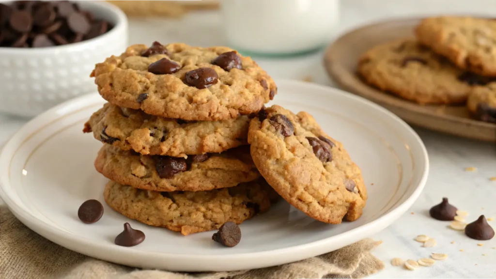 Stack of oatmeal chocolate chip cookies on a white plate with a bowl of chocolate chips and a glass of milk in the background.