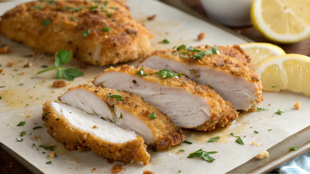 Crispy baked chicken cutlets sliced and served with lemon wedges and fresh parsley on a baking tray.