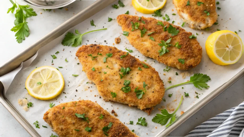 Oven-baked chicken cutlets garnished with parsley and served with lemon slices on a parchment-lined baking tray.